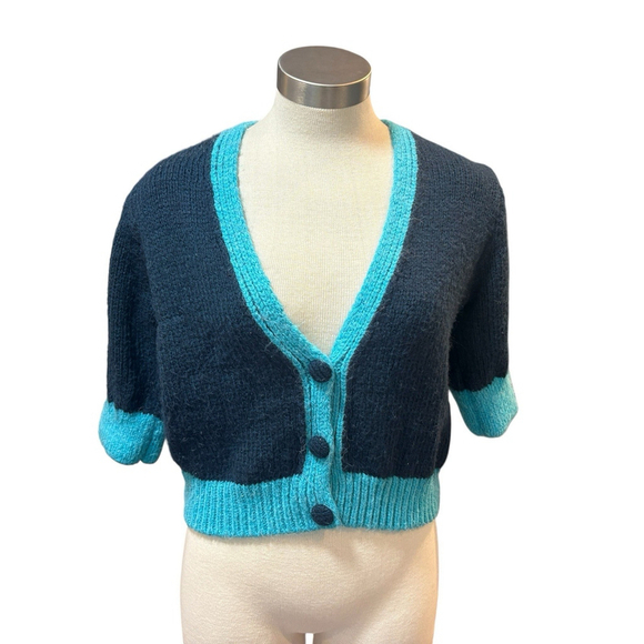Zara Womens Cardigan Sweat Chunky Knit Short Sleeve Colorblock Blue Sz. M - Picture 2 of 10